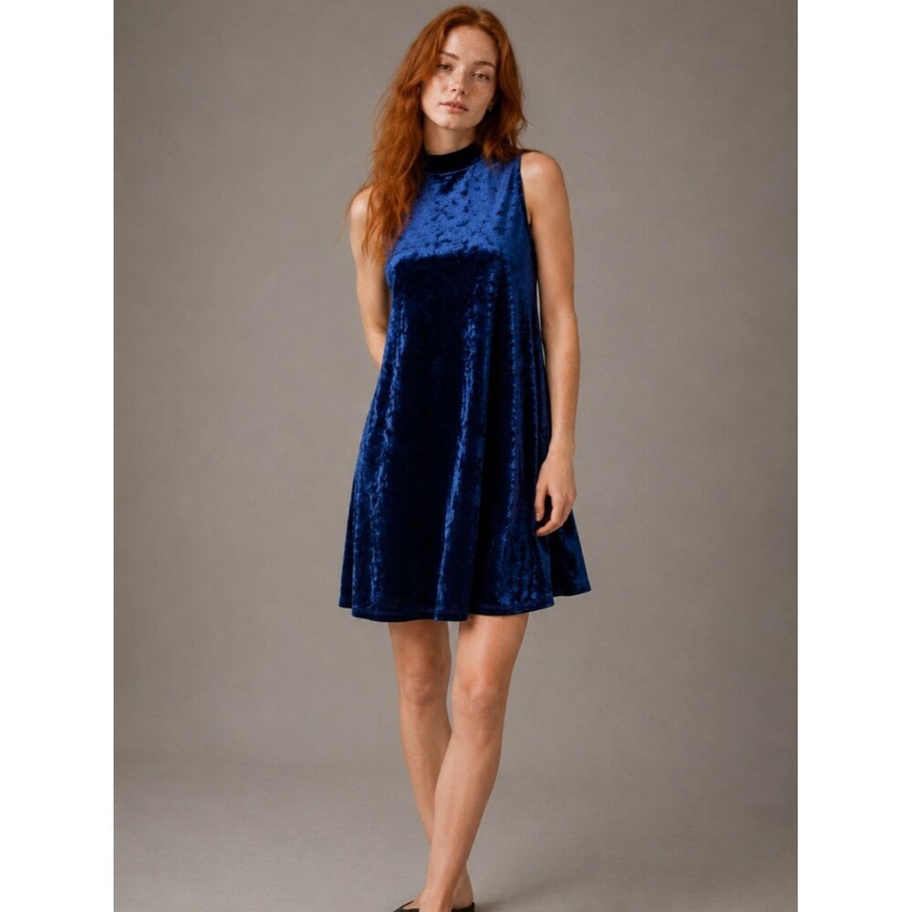 NWT ModCloth Blue Velvet Dress XS Sleeveless Mock Neck Shift Swing Mini